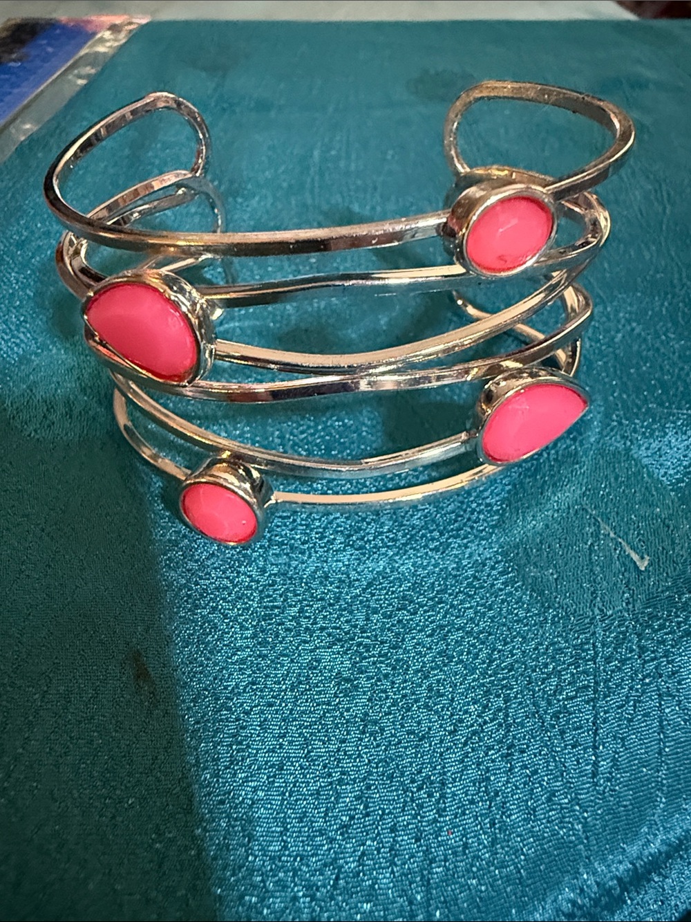 Silver Cuff Bracelet with Pink Cabochons